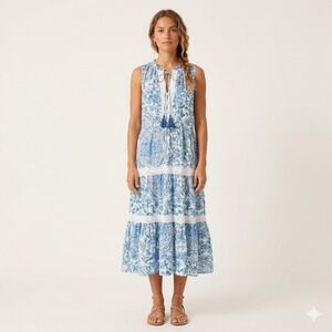 Johnny Was Jade Aster Blue Floral Linen Tiered Midi Dress Sleeveless Boho Medium